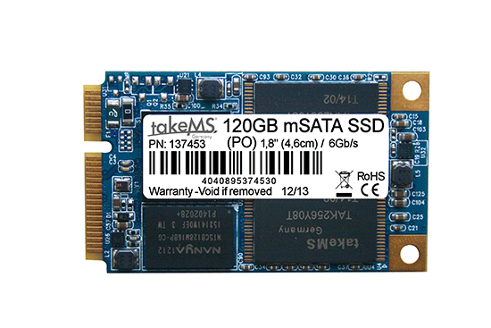 takeMS SSD 1.8 UTX-mSATA: Die mSATA-SSD hat zwar geringe Baugröße, bietet aber nur 60 oder 120 GB Kapazität (Quelle: takeMS)